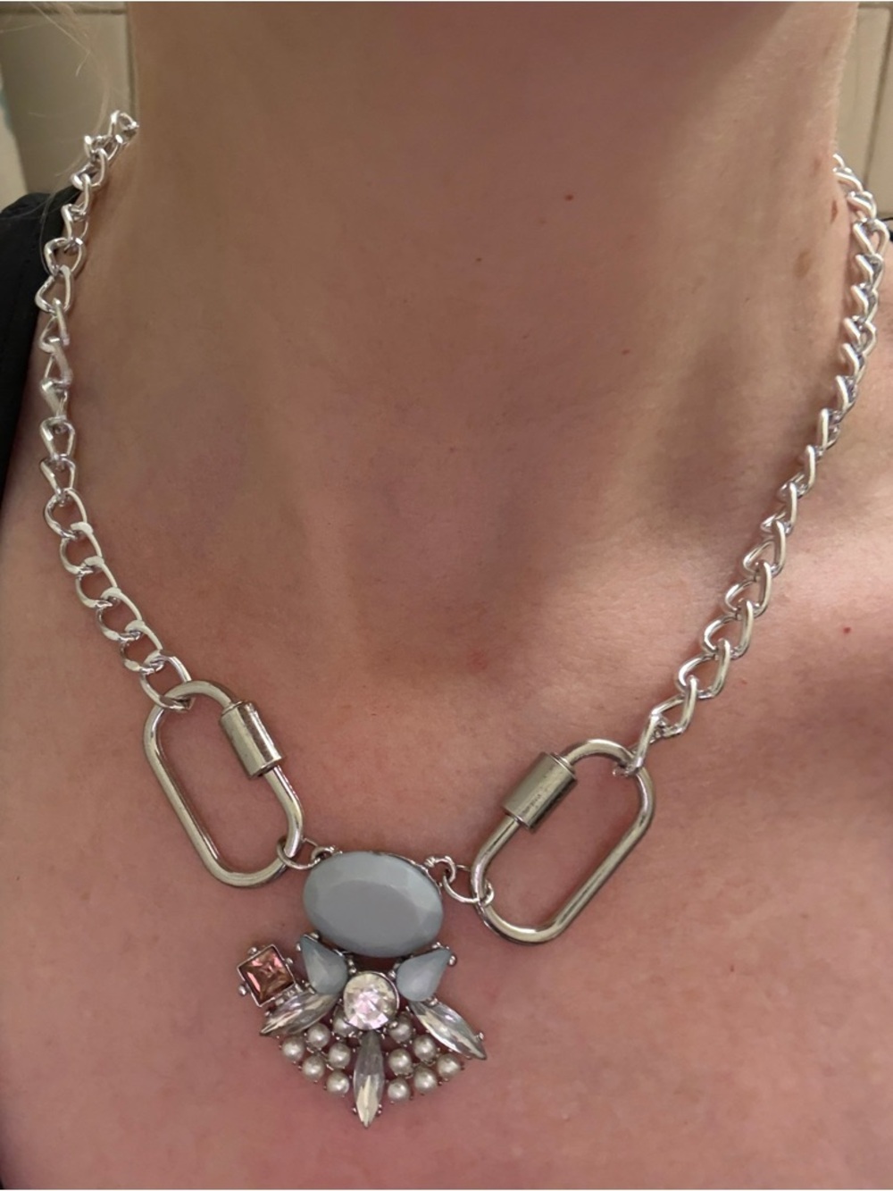 Hand-Crafted Silver Carabiner Chain Necklace with Blue & Pink Crystal Pendant